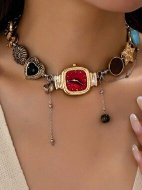 Vintage Charm Watch Necklace Red Pendant Gold Statement Choker Tarnish Proof